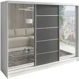 mebloland Schwebetürenschrank TOP 3-türiger Kleiderschrank mit 3 Spiegeln, 3 Schubladen und Kleiderstangen – Funktionalität und Eleganz! - Grau