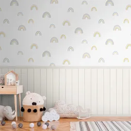 Living Walls "Wallpanel Tapete Wandpaneele Motivtapete Regenbogen Landhaus", weiß (creme,beige,gelb), B:1,59m H:0,02m L:2,8m, Vlies, Tapeten, Vliestapete Kinderzimmer für Schlafzimmer Wohnzimmer Wandpaneele Flur