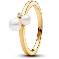 Pandora Timeless Duo Behandelte Süßwasserzuchtperlen Ring aus Sterling Silber mit vergoldeter Metalllegierung und Zirkonia, Größe: 56,