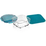 Genius Nicer Dicer Chef Glasschüssel mit Deckel | Set 3-tlg. Zubehör, 2.8 L Fassungsvermögen, inkl. Silikonmatte, Anti-Rutsch-Matte, Auflaufschale, Backofenfest