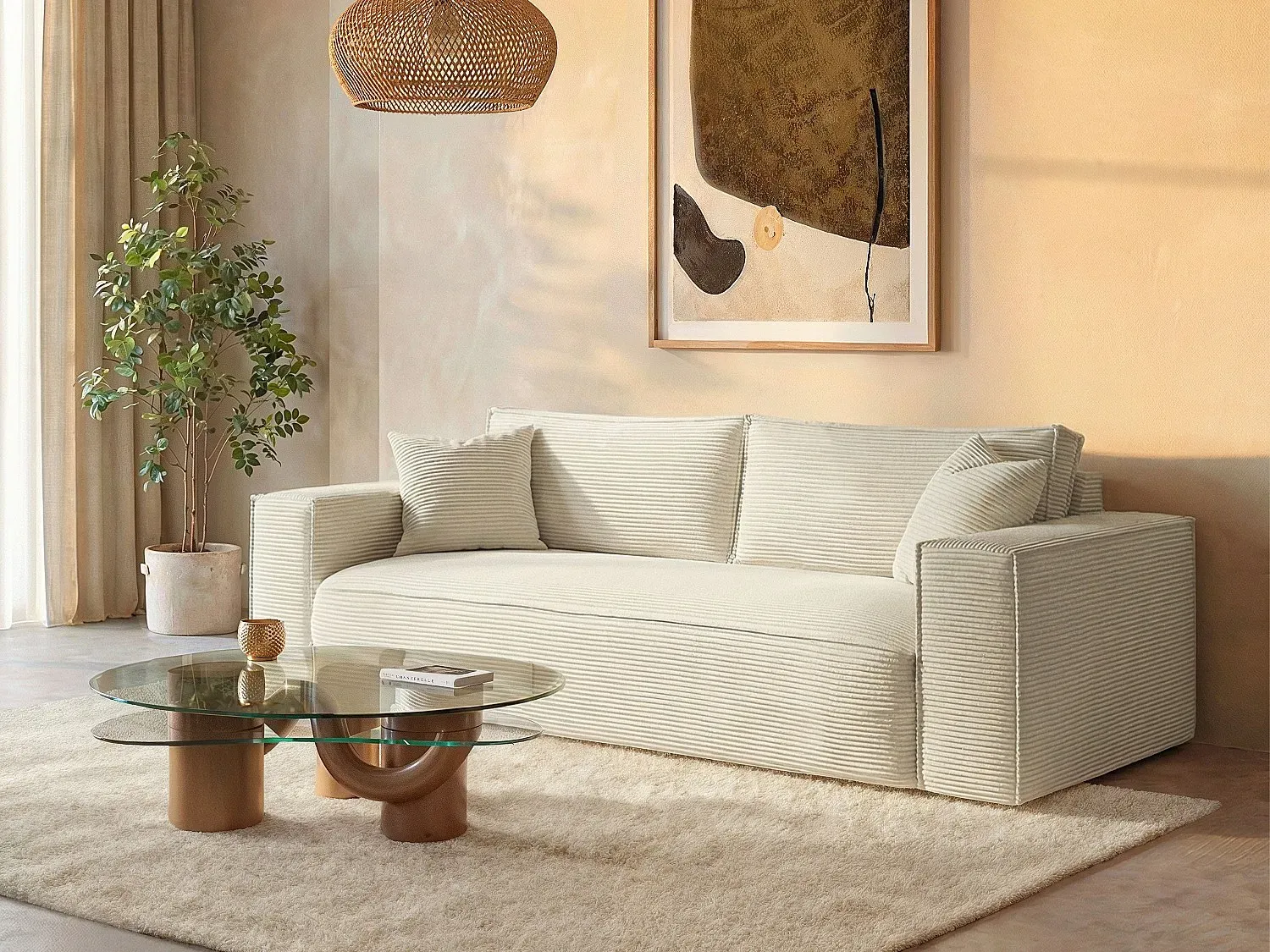 Sofa 4-Sitzer mit Matratze - Cord - Cremefarben - Liegefläche 160 cm - Matratze 13 cm mit Memory Schaum - AMELIA
