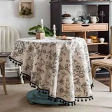 Runde Tischdecke (150 Cm Durchmesser) Mit Print In Rosa Und Blau, Tischdecke Aus Baumwolle Und Leinen Im Landhausstil, Retro-tischdecke Für Esstisch, Party Und Dekoration