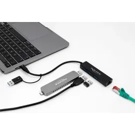 DeLock 3 Port USB 3.2 Gen 1 Hub (USB-C, 3 Ports), Dockingstation + Gigabit LAN USB 3.0) Schwarz