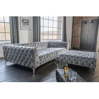 KAWOLA Set Big Sofa und Polsterhocker NARLA Chesterfield Velvet silber