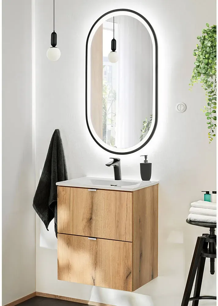 Waschtisch Skelbolu 50x57x39 cm LED-Spiegel Eicheoptik [en.casa]