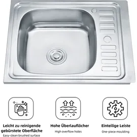 MuCoLa 60CM Edelstahl Einbauspüle eckig + Ablage Spülbecken Spüle Küchenspüle Spüle