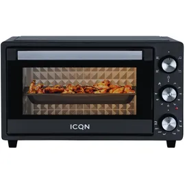 ICQN Minibackofen 20L, Pizza-Backofen, Ober-/Unterhitze mit Umluft-Funktion, 5 Grill-Funktion, 90 Min. Timer, 1500 W, Mini Oven, 80°-240°C, Backblech/Grill/Krümelblech und Blechhalter, Schwarz