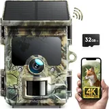 WOLFANG Solar Wildkamera mit Handyübertragung, 4K 30fps 46MP,120 ° Weitwinkel WLAN Bluetooth Wildtierkamera, Bewegungsmelder Nachtsicht, IP66, 0.1s Auslösezeit für Wildlife Monitoring mit SD Karte