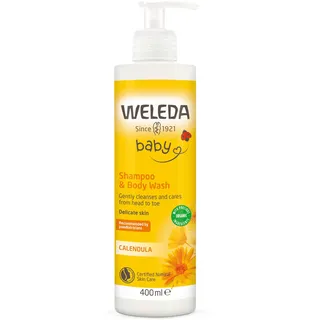 WELEDA Bio Calendula Baby XL Waschlotion & Shampoo vegan - Naturkosmetik Duschgel zur Hautpflege / Haarpflege bei Neugeborenen. Babypflege Dusche für empfindliche Haut, mild zu den Augen (1x 400ml)