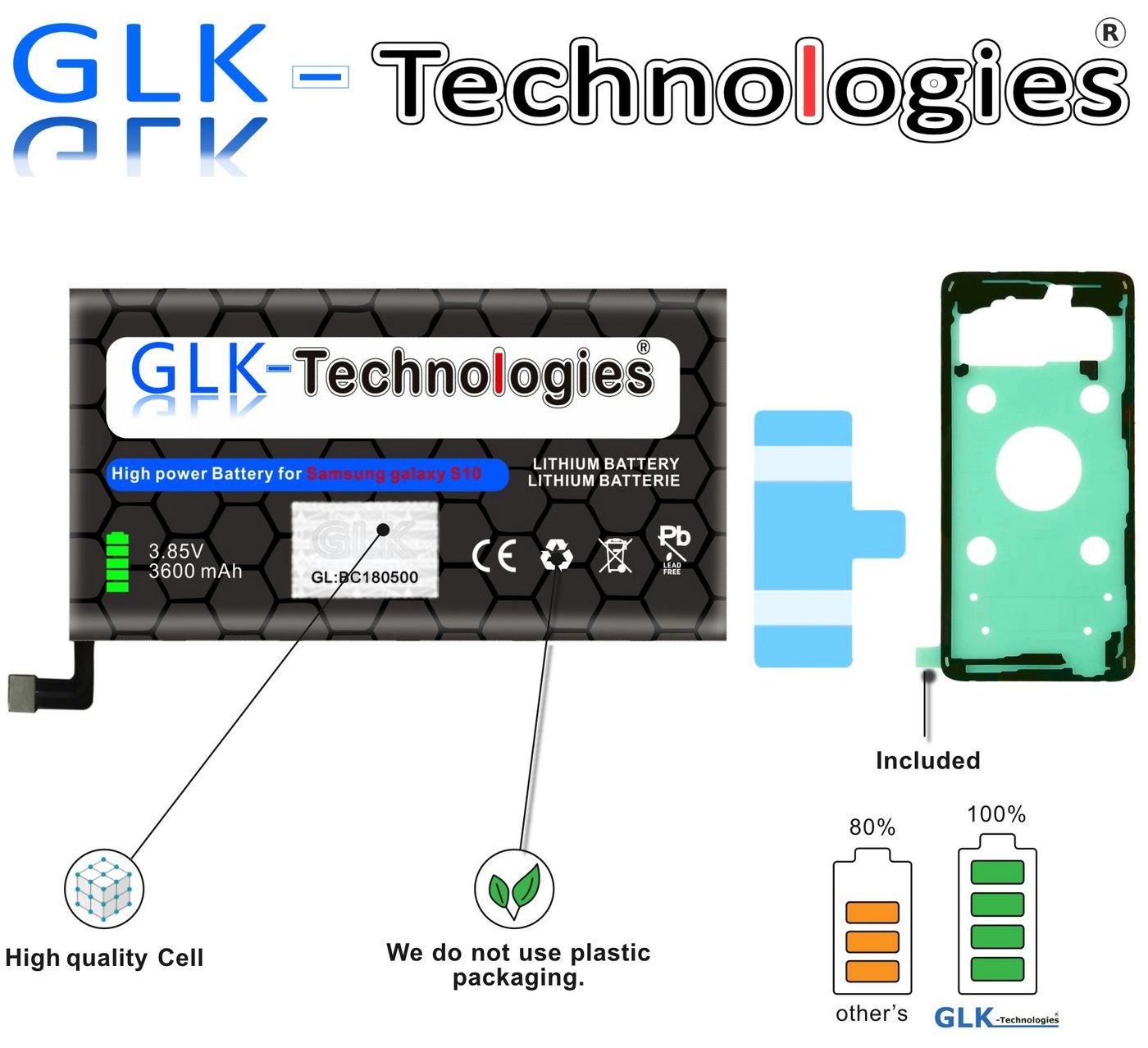 GLK-Technologies High Power Ersatzakku kompatibel mit Samsung Galaxy S10 G973F EB-BG973ABU Ohne Set Smartphone-Akku 3600 mAh (3,85 V)