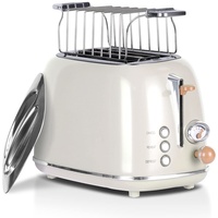 Wiltal Toaster Retro 2 Scheiben 6 Einstellbare Bräunungstufen,Edelstahl mit hochwertige Brötchenaufsatz Aufwärmen-Auftauen-Abbrechenfuktion,Countdown-Anzeige,Schnell-Toast-Technologie (Milchig weiß)