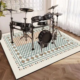 Hixingo Schlagzeug Teppich E Drum mit Schallschutz, Schlagzeugteppich Schallschutz rutschfeste Teppich Schalldämmend Antivibrationsmatte für Studio, Wohnung (Vintage-Karo,1.2 * 1.6m)