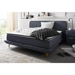 Boxspringbett ANDAS "Premium", blau, Struktur fein, Liegefläche B/L: 200cm x 200cm, H3, Taschen-Federkernmatratze, Strukturstoff-Bezug (100% Polyester), Komplettbetten, Boxspringbett, Steppung mit Knopfheftung, inkl. Topper
