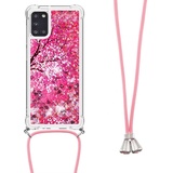 Handykette Hülle für Samsung Galaxy A15 5G Glitzer Treibsand Necklace Hülle mit Kordel zum Umhängen Silikon Clear Handy Schutzhülle Bumper dünn Hülle mit Band Case zum umhängen Kirschblüten