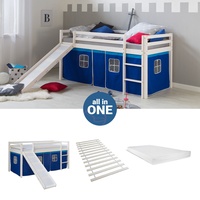 Kinder Hochbett mit Rutsche 90x200 Matratze Vorhang Blau Bett Holz Homestyle4u