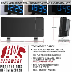 Brandson Projektionswecker Dimmer, 15 FM Radiospeicher, große blaue Ziffern, Snooze 5-60 min. Projektions Radio Wecker digital, 7 Tasten, 2 Weckalarme, USB Kabel