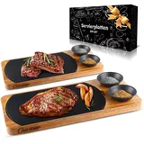 ONUEMP Steak Bretter Set, Schieferplatte Servierplatte Für Steak, Zum Grill Geschirr, Burger, Sushi Und Käse, Servierbrett Holz Set Eignet Sich Perfekt Geschenke Für Frauen Männer, 2 Sets