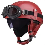 Vintage Deutsch Leder Motorrad Halbhelm, ECE-geprüft Männer Frauen Halbschalenhelme mit Schutzbrille und Visier, Retro Offener Schutzhelm für Fahrrad Cruiser Scooter Chopper