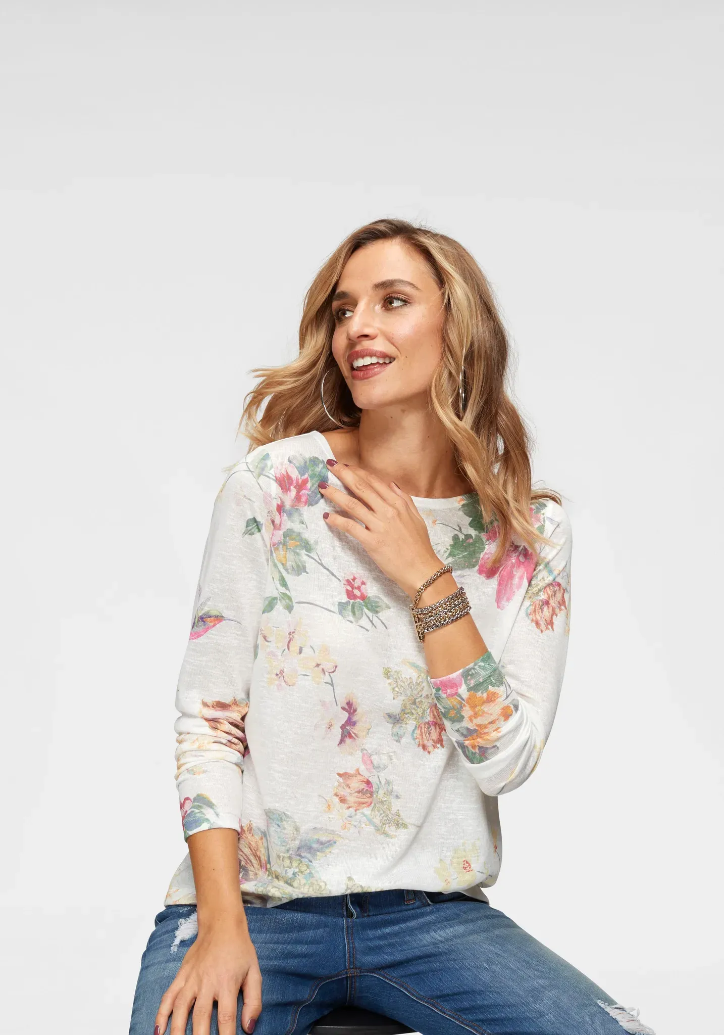 Langarmshirt ANISTON CASUAL, Damen, Gr. 46, bunt (wollweiß, gelb, pink, grün), Feinstrick, Obermaterial: 100% Polyester, gemustert, leicht transparent, figurumspielend Po-bedeckend, Rundhals, Shirts Langarmshirt, mit großflächigem Blumendruck und Vögeln
