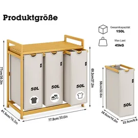 ADEL DREAM AdelDream Wäschekorb 150L, 3 Fächer Wäschesammler mit Bambusrahmen,