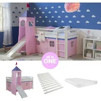 Homestyle4u Hochbett 90 x 200 cm Kiefer massiv weiß rosa