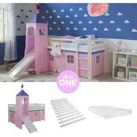 Homestyle4u Hochbett 90 x 200 cm Kiefer massiv weiß rosa