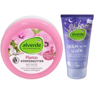 Alverde NATURKOSMETIK 2er-Set Körperpflege: MAMA KÖRPERBUTTER Bio-Malve Hautpflege während & nach der Schwangerschaft (200 ml) + TRÄUM SCHÖN 2in1 OVERNIGHT HANDCREME & Handmaske (75 ml), 275 ml