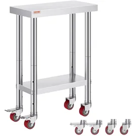 Vevor rollbarer Arbeitstisch 61 x 30 x 85 cm Edelstahl Catering Arbeitstisch Belastbarkeit 350 kg, Lebensmittelzubereitungstisch gewerblicher Küchentisch für Bar mit 4 verstellbaren Füßen