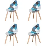 COFI 4 Esszimmerstühlen, Mehrfarbiger Patchwork-Esszimmerstuhl, Stoffstuhl mit Massivholzbeinen für Esszimmer (Blau)