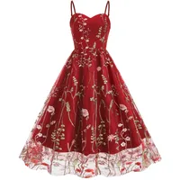 Cocktailkleid Damen Elegant Tüllkleid mit Stickerei Muster Spaghetti Rockabilly Kleid Festliche A Linien Abendkleid Sommer Swing Mesh Midikleid - XXL