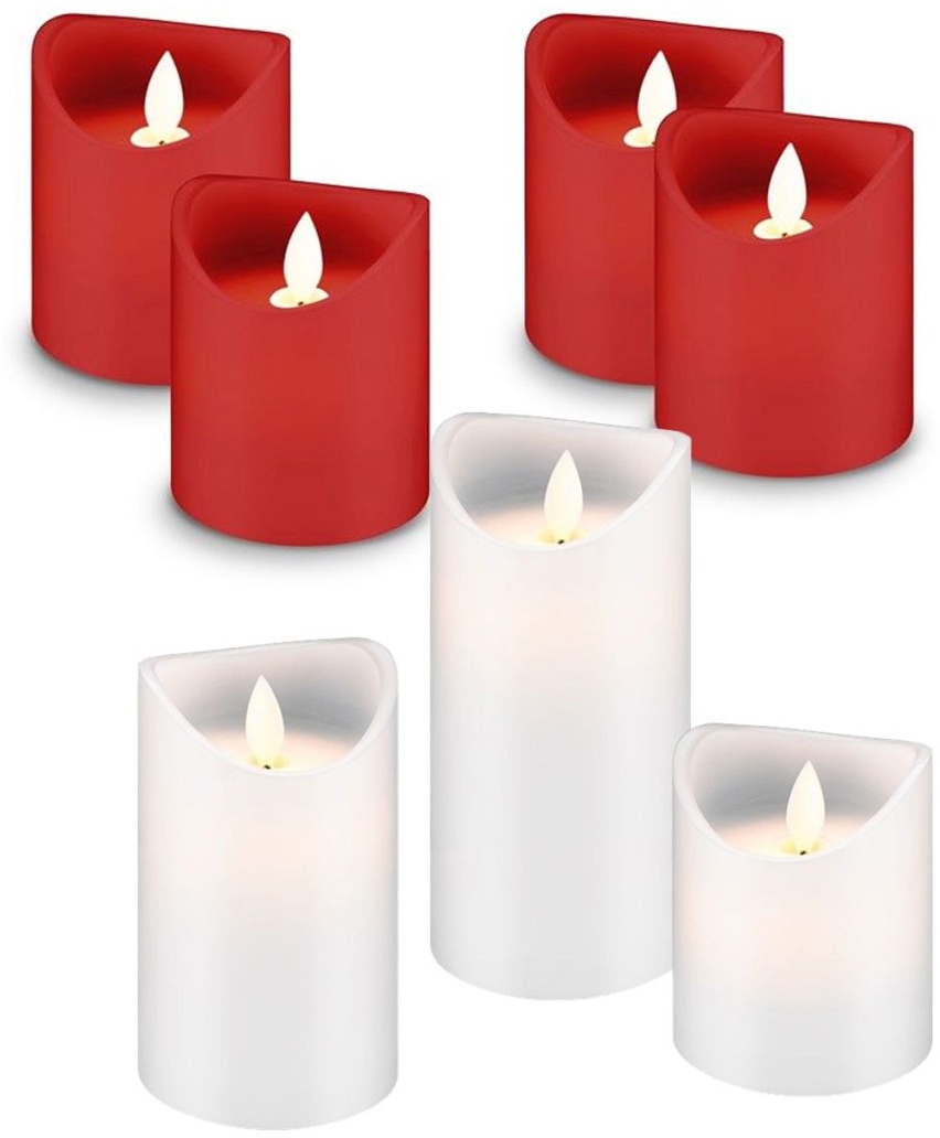 LED Echtwachs-Kerzen im Sparset, 4er Set LED-Kerzen rot und 3er Set LED-Kerzen weiß