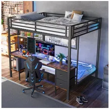stilvora Hochbett 140 X 200 Cm, Doppelbett Mit Schreibtisch, Schubladen, Regalen, Gitter, Led Und Usb, Ohne Matratze