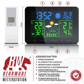 Bearware Funkwetterstation mit Farbdisplay & Außensensor Barometer, Wettervorhersage uvm.