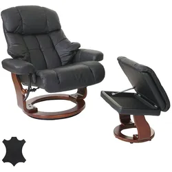 Robas Lund MCA Relaxsessel Calgary XXL, TV-Sessel Hocker, Echtleder 180kg belastbar ~ schwarz, Walnuss-Optik