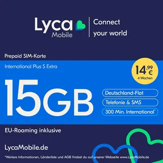 Lyca Mobile Lycamobile International Plus S extra Prepaid Smartphone SIM Karte ohne Vertrag inkl. 15 GB Datenvolumen