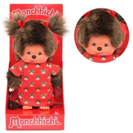 Magni Monchhichi Mädchen, mit Monchichikleid und Schleifen, ca. 20 cm großes Kuscheltier aus braunem Plüsch