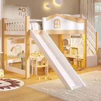 Flieks Etagenbett 90x200cm mit Led, Kinderbett mit Rutsche, Hochbett mit Stauraum und Treppe, Halbhohes Stockbett mit Rausfallschutz, Weiß - Weiß