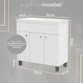 paplinskimoebel Waschbecken mit Waschtischunterschrank stehend weiß lackiert glänzende Tür 80 cm, eleganter Badezimmerschrank, | Weiß