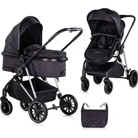Chipolino Kinderwagen Aura 2 in 1 umbaubar Wickeltasche Sitz umkehrbar bis 22 kg schwarz gemustert