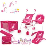 509 Crew Unicorn Pink 21 Piece Doll Stroll n Play & Care Combo Set, Doll Stroller, Doll Playard, Doll High Chair Set, Carry Cot, Diaper Bag, Feeding and Grooming Accessories, Ages 3+