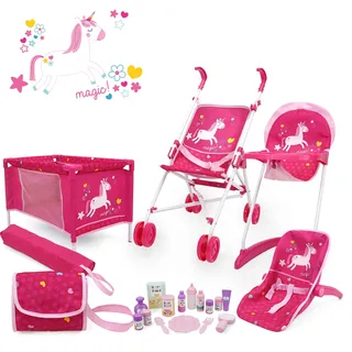 509 Crew 21 Piece Doll Stroll n Play & Care Combo Set, Doll Stroller, Doll Playard, Doll High Chair Set, Carry Cot, Diaper Bag, Feeding and Grooming Accessories, Ages 3+