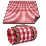 RealPero Extra große Picknickdecke, wasserdicht, Campingmatte, Teppich mit PU-Träger, weich, leicht, tragbar, Outdoor-Matte für Reisen, Rasen, Camping auf Gras, sanddicht, Strand, rot/weiß kariert