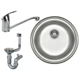 Faizee Möbel Edelstahlspüle Edelstahlspüle Ø 42 cm + Armatur Küchenspüle inkl. Siphon-Set, Rund mit Armatur klein Chrom silberfarben Rund mit Armatur klein Chrom | 17 cm