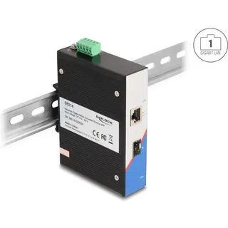DeLock 88014 Medienkonverter RJ45 zu SFP für Hutschiene (2 Ports), Netzwerk Switch, Schwarz