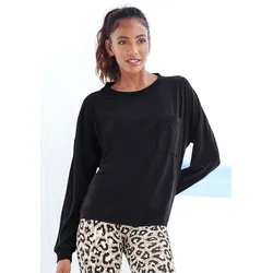Pyjamaoberteil LASCANA, Damen, Gr. 40/42, schwarz, Single Jersey, Obermaterial: 60% Polyester, 36% Viskose, 4% Elasthan, unifarben, casual, oversize hüftlang, Rundhals, Langarm weit Bündchen, Shirts, in kuschelweicher Qualität