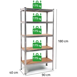 Ondis24 Steckregal Metall 90 x 40 x 180 cm grau/silberfarben 5 Fachböden