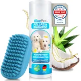 BluePet FellFein Badebürste Gummistriegel + Hundeshampoo für Kurzhaar Hunde & Katzen mit Massageeffekt - Entfernt loses Deckhaar, Staub & Schmutz - Idealer Badestriegel