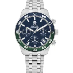 Chronograph TOMMY HILFIGER "TH85 CHRONOGRAPH", silberfarben, dunkelblau, Armbanduhren, Herren, Quarzuhr, Armbanduhr, Herrenuhr, Lederarmband, analog, Tag