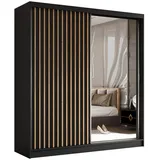 AX Living Schwebetürenschrank, Schwarz, Walnuss, Kunststoff, Teilmassiv,Kiefer, Rechteckig, 200x216x61 cm, Hergestellt in Europa, FSC Mix, Reach, Schlafzimmer, Kleiderschränke, Schwebetürenschränke