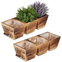 Relaxdays Blumenkasten, 3 Fächer, Holz Pflanzkasten mit Folie, HxBxT: 12,5 x 43,5 x 17,5 cm, Vintage Kräuterkiste, natur
